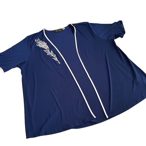 Bob Mackie Cardigan Open Front Embroidered Navy & White Short Sleeves Size XL - Picture 1 of 6